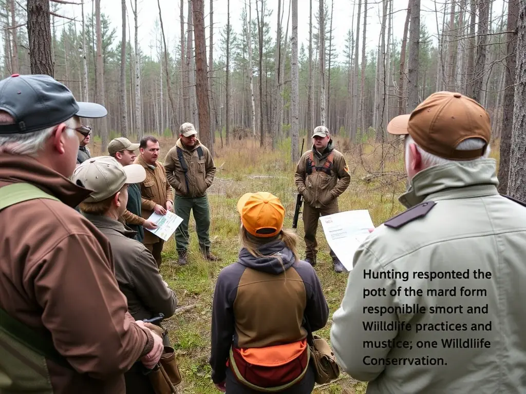 A group of hunters participating in a wildlife management training session in a forest setting, demonstrating responsible hunting practices.