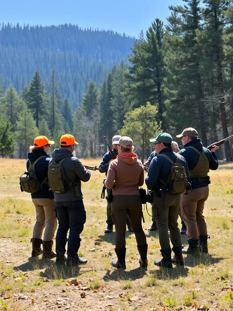 A photograph of ACCA members conducting a safety training session for young hunters, demonstrating proper firearm handling and safety protocols.