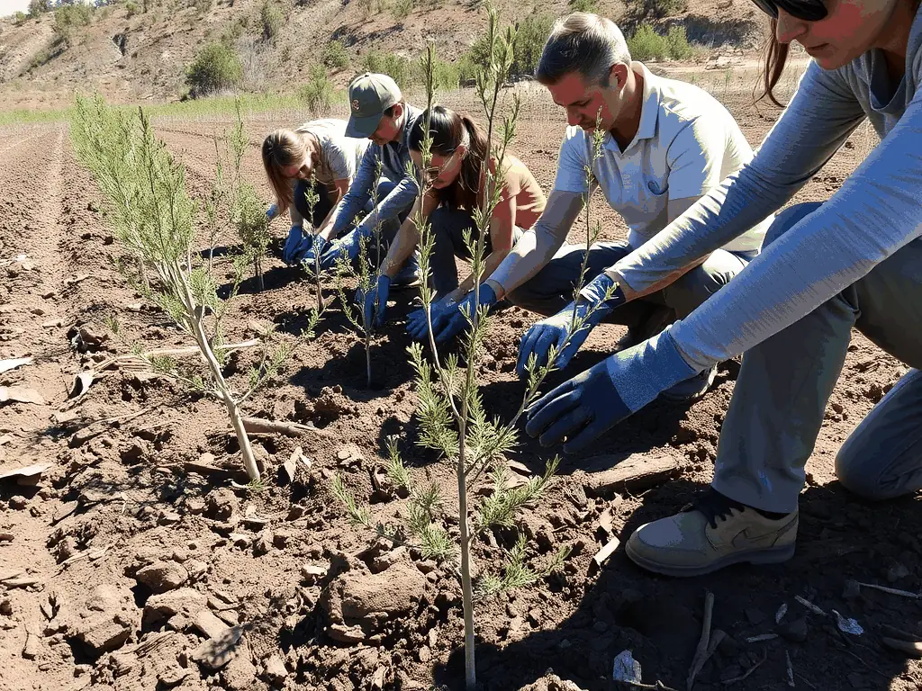 A photograph showcasing ACCA members planting native trees and shrubs in a deforested area, as part of a biodiversity preservation initiative. The image should highlight the organization's commitment to restoring natural habitats and supporting local ecosystems.