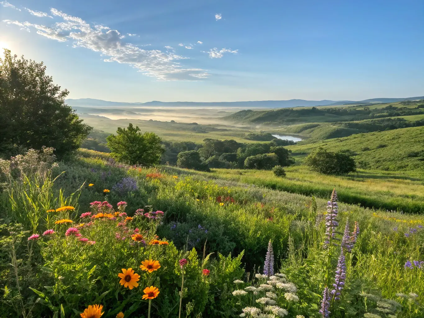 A scenic view of a protected natural habitat, showcasing diverse flora and fauna, symbolizing biodiversity preservation.