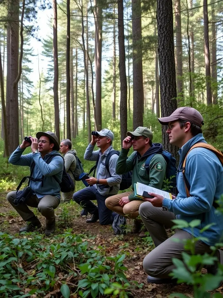 A photograph depicting ACCA members participating in a wildlife census, using binoculars and recording data in a field notebook, set against a backdrop of a lush forest.