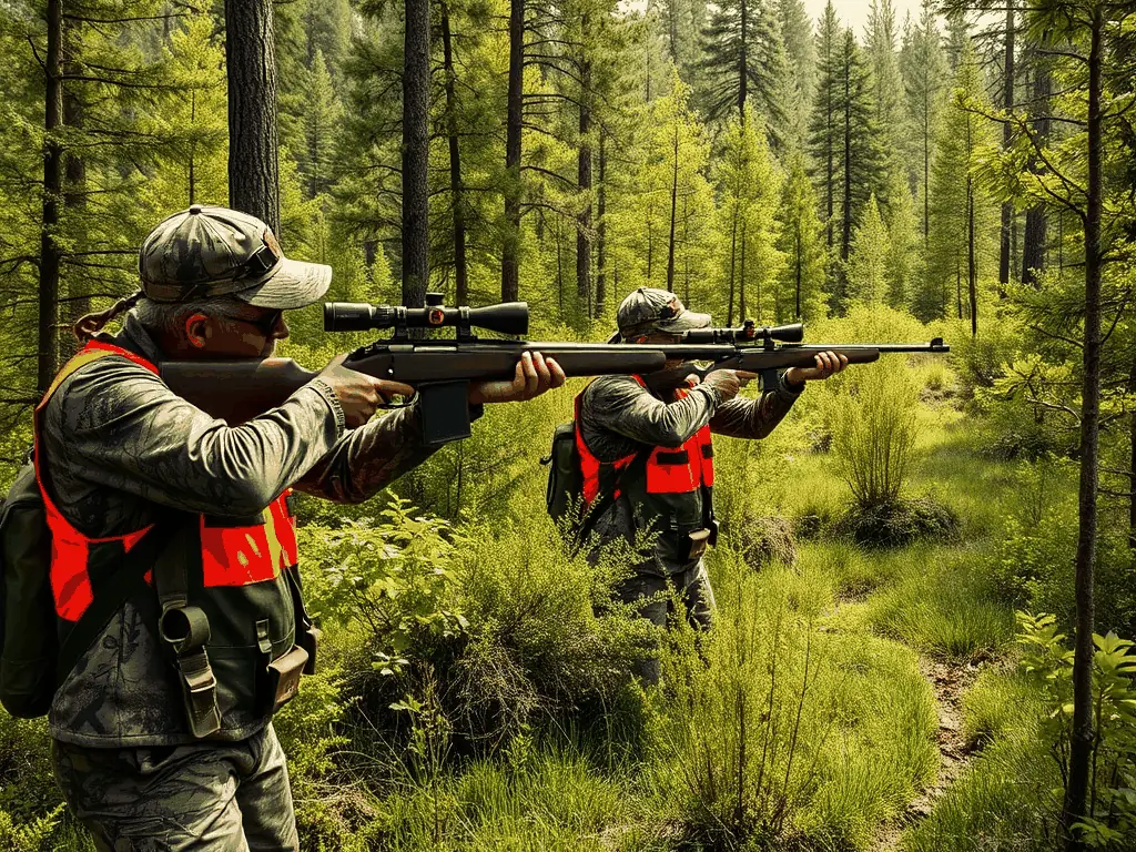 A scenic image of hunters in a forested area, practicing responsible hunting with safety gear and wildlife in the background, showcasing ACCA's Wildlife Management Programs.