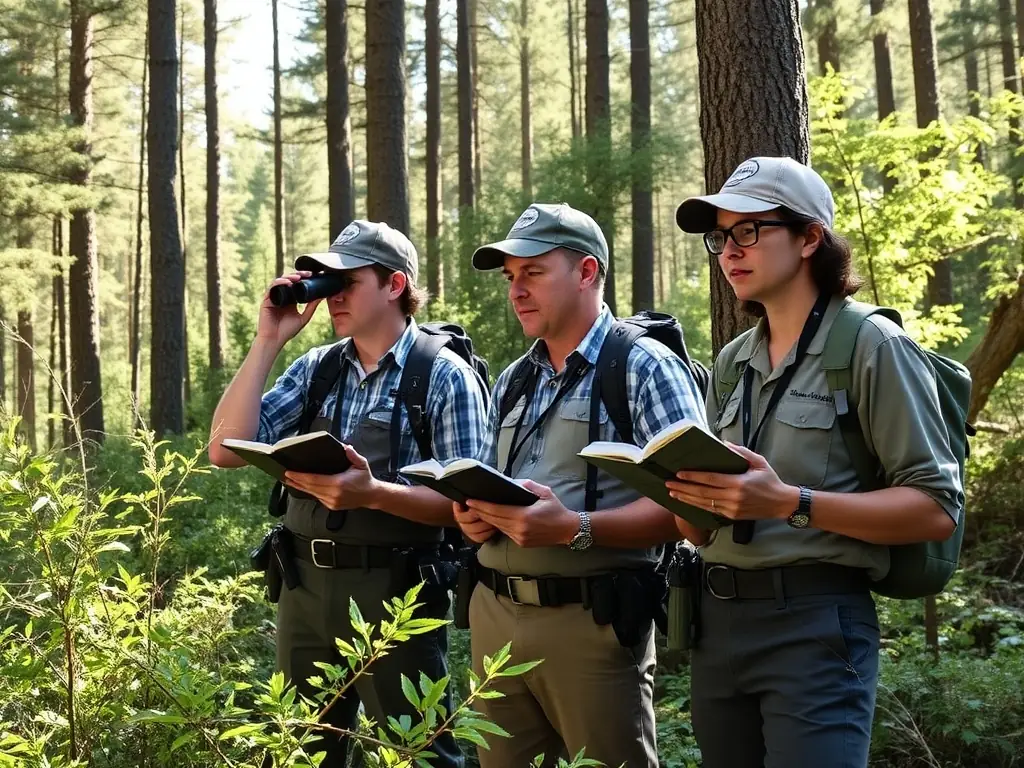 A photograph depicting a group of ACCA members participating in a wildlife census in a local forest, using binoculars and notebooks to record their observations. The scene should convey a sense of dedication to wildlife management and conservation.