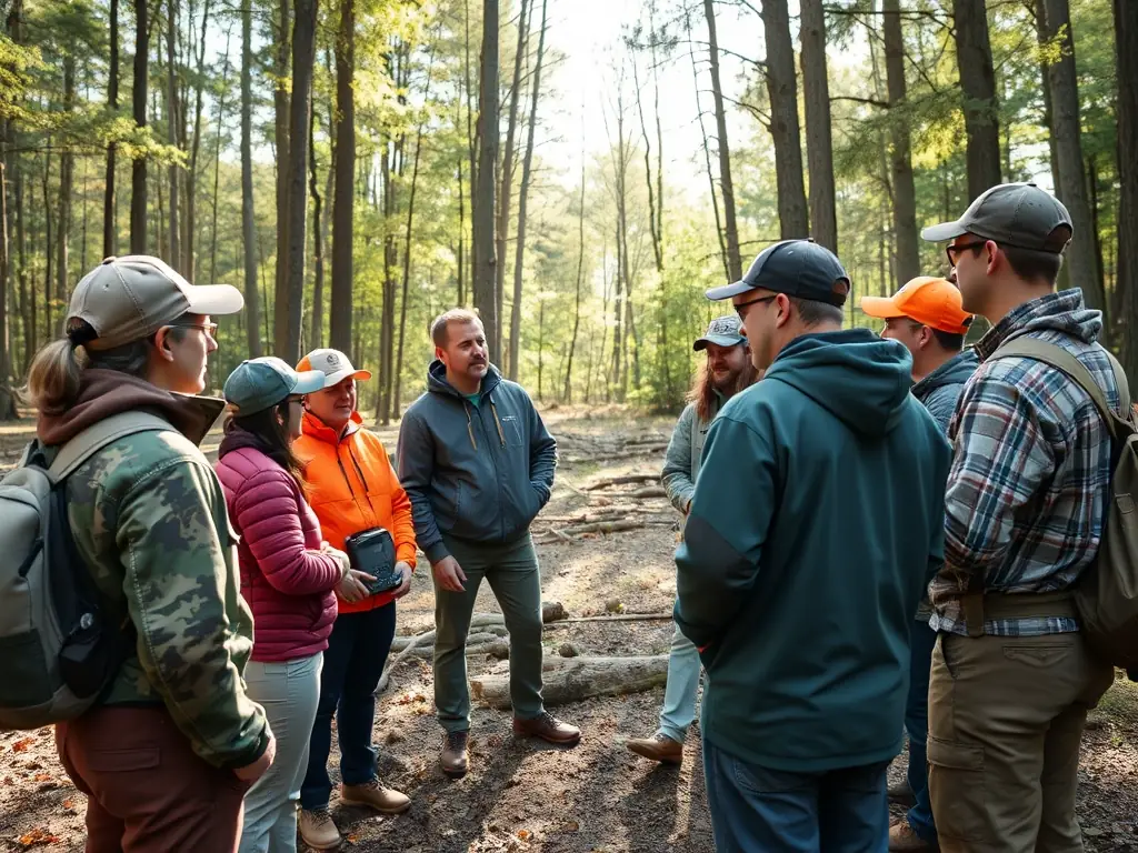 A photograph capturing ACCA members conducting a workshop on safe hunting practices for local community members, including children. The scene should emphasize the organization's dedication to education, safety, and community engagement.