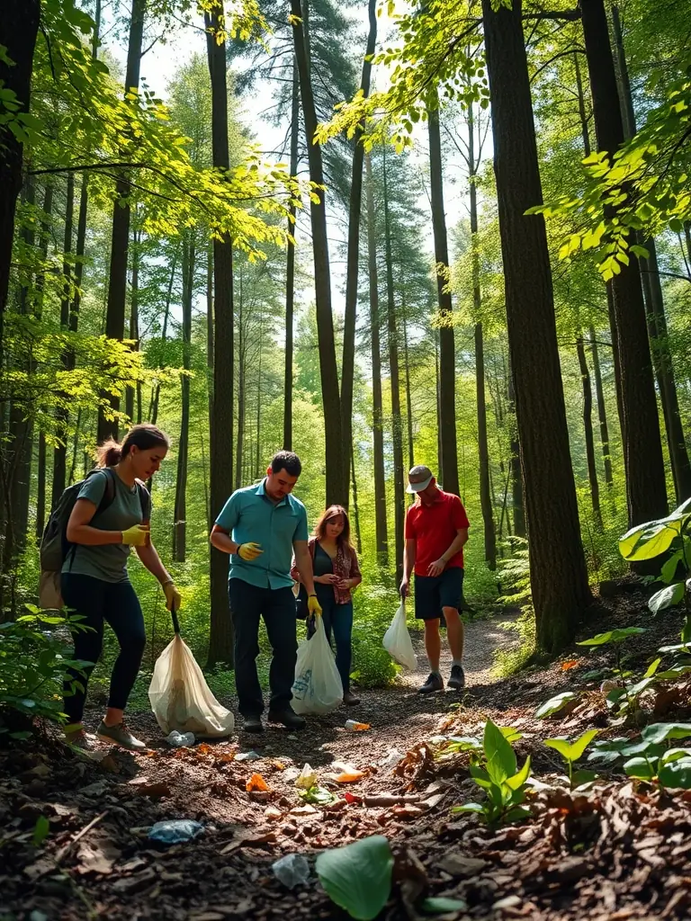 A photograph featuring ACCA members cleaning up a local forest area, collecting litter and debris, with bags of trash visible.